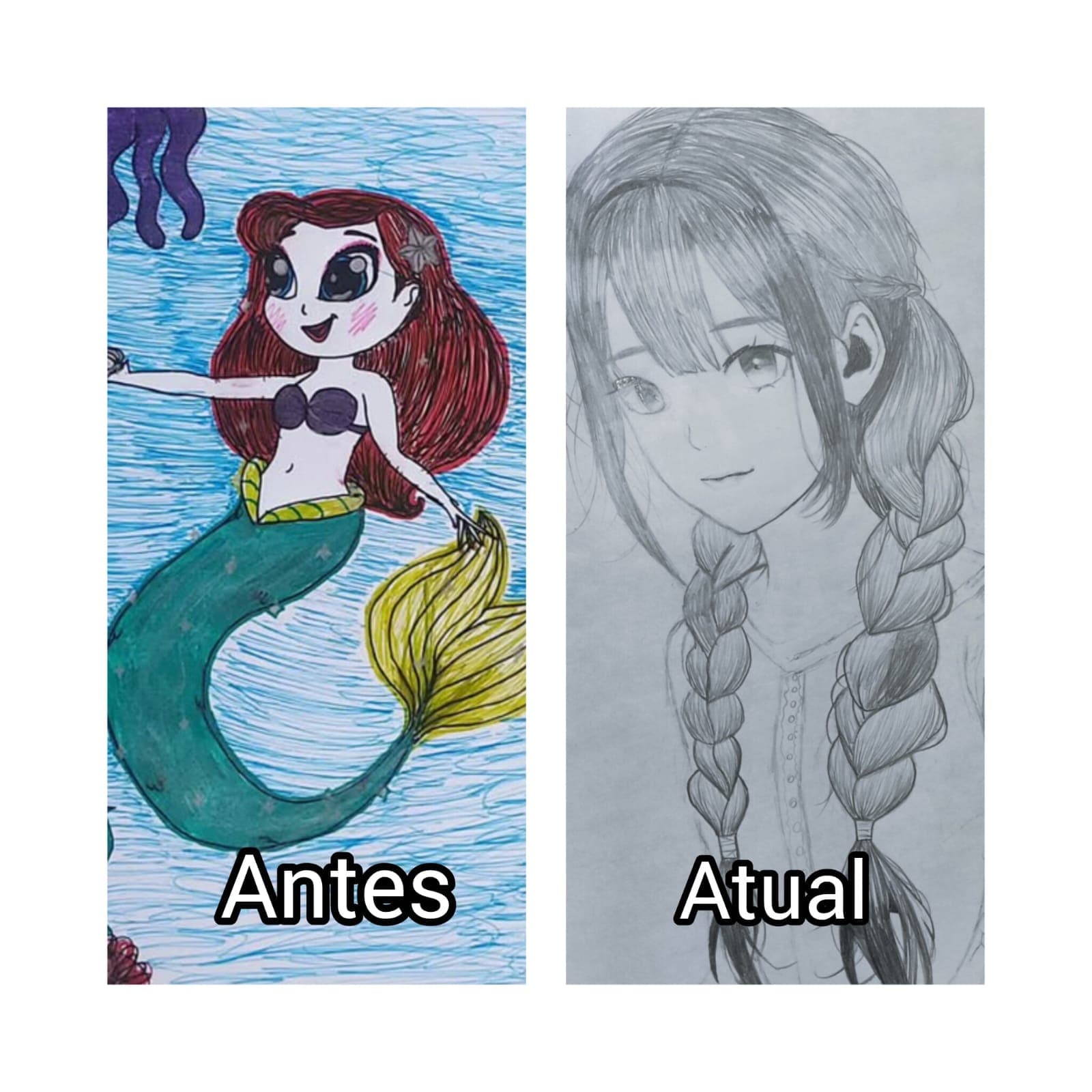 Comparação de uma arte de personagem completo de uma aluna antes e depois do curso