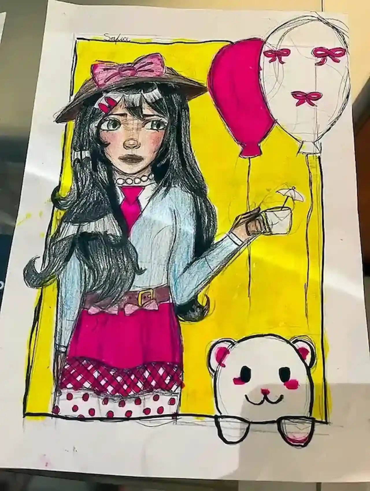 Desenho de personagem feminina com expressão serena