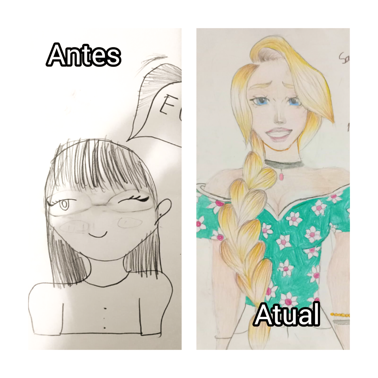 Comparação de uma arte de personagem completo de uma aluna antes e depois do curso