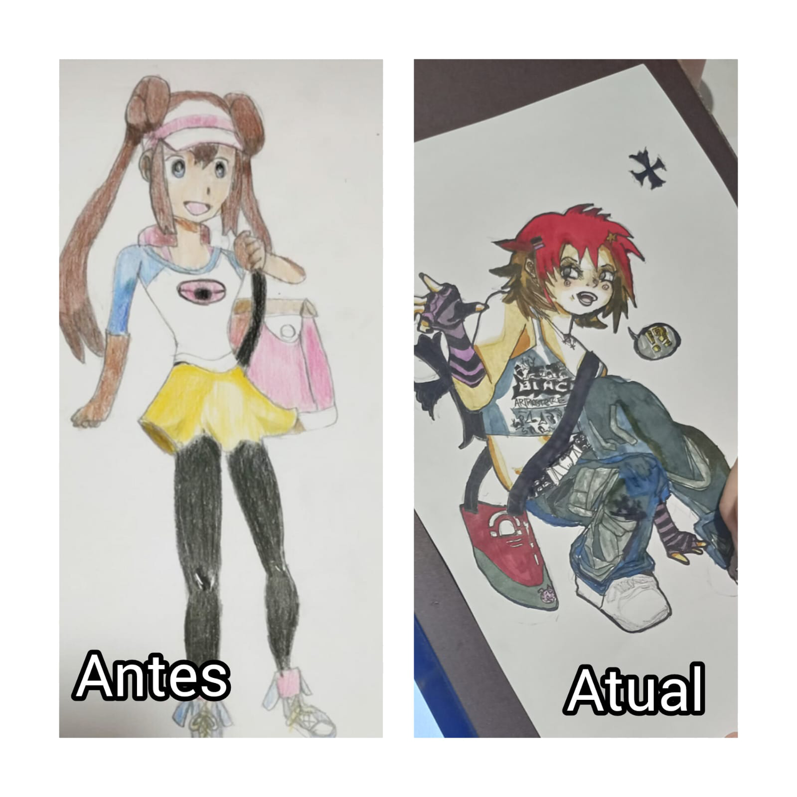 Comparação de uma arte de personagem completo de uma aluna antes e depois do curso